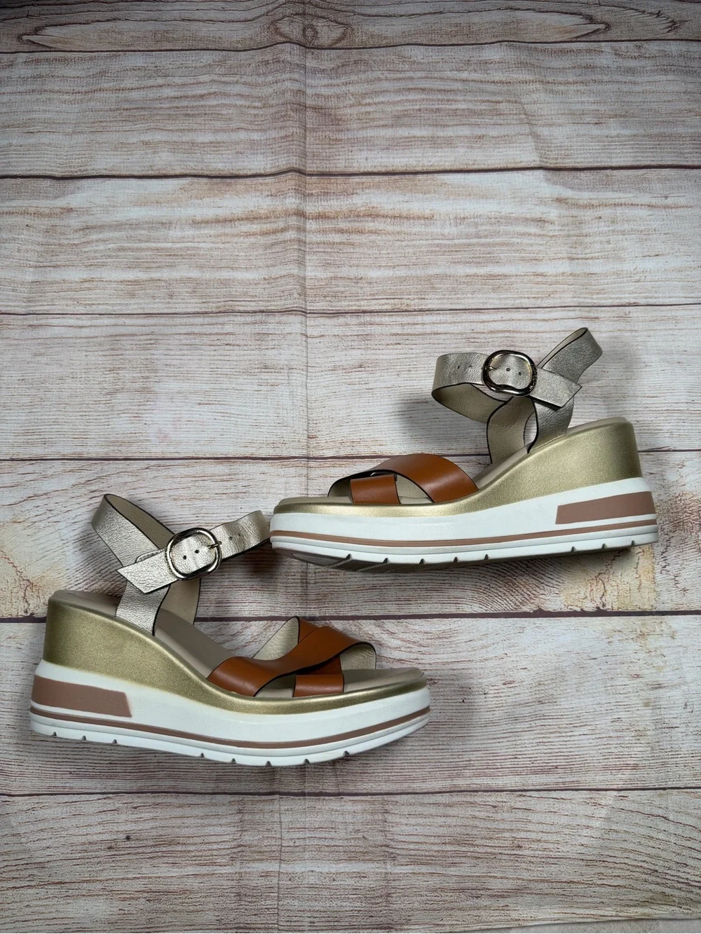 Nero Giardini Metallic Gold & Brown Wedge Sandals